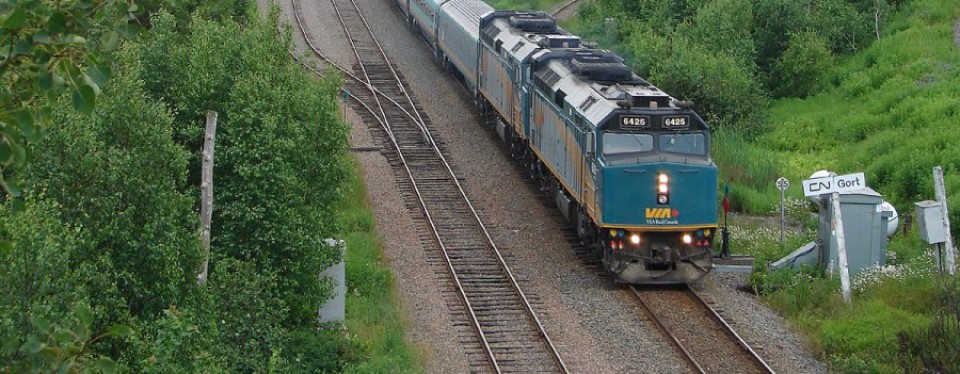 A VIA Rail train speeds through the New Brunswick countrside