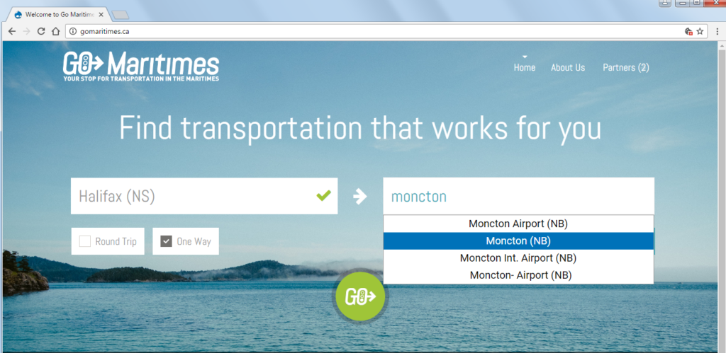 Screenshot of the Go Maritimes website, with menus to enter travel end points, date, and search options.