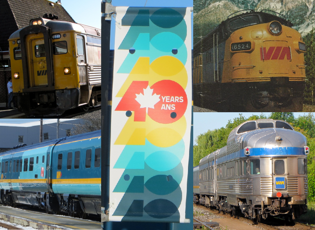 Several images of VIA Rail trains, along with a colourful banner marking 40 years of VIA Rail