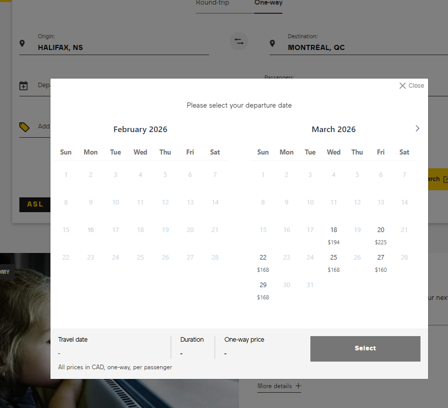 A screenshot of the VIA reservations system for a Halifax-Montreal booking, showing no available trains until March 18th.
